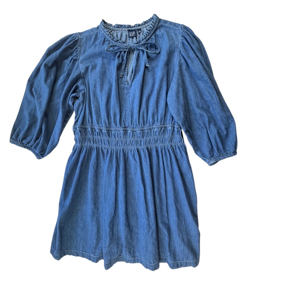 Gap Denim Dress Womens XXL Blue Cotton Ruffle Neck Tie Smocked Waist Long Sleeve - Picture 9 of 10